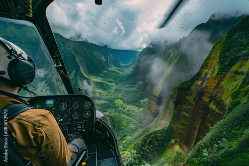 Pilot is flying a helicopter over a lush valley on a cloudy day, with another helicopter in the distance