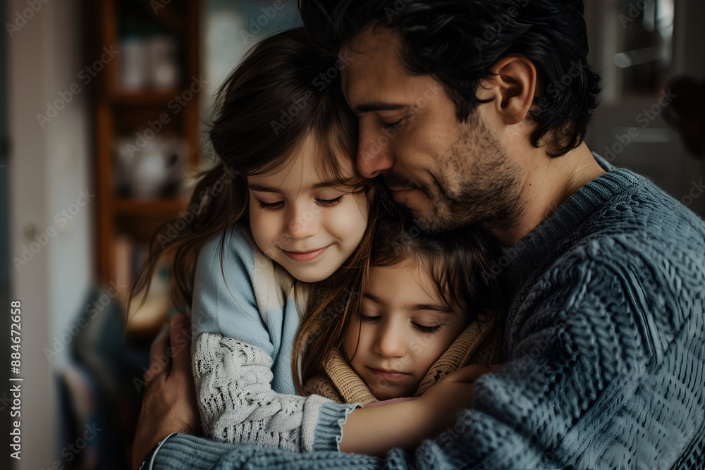 Dad embraces his daughters, sharing a tender and intimate moment at home Dad embraces his daughters, sharing a tender and intimate moment at home