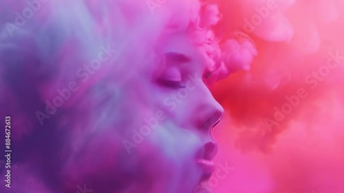 Wallpaper Mural A dreamy artistic portrait of a young caucasian woman with closed eyes, enveloped in vibrant pink, blue, and purple smoke. The ethereal scene evokes a serene and imaginative mood. Torontodigital.ca