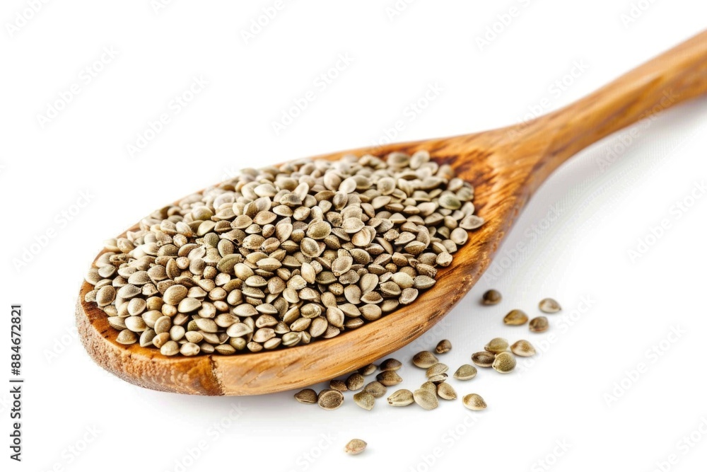 A wooden spoon filled with seeds on a white surface A wooden spoon filled with seeds on a white surface