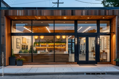 Modern and inviting shop with big windows showing the interior with no people visible