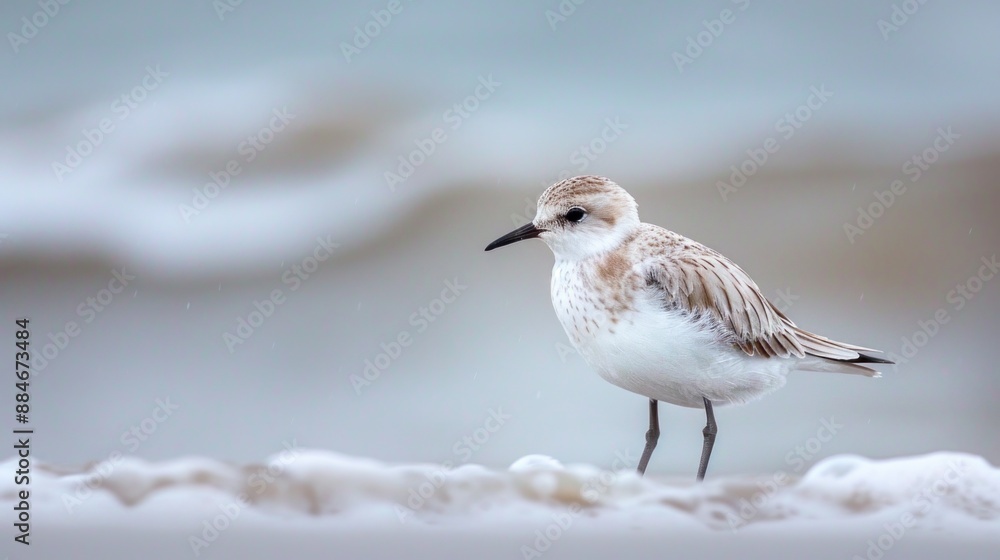 A serene and crisp photo of a Sanderling bird on a sandy beach, with gentle waves in the background.. A serene and crisp photo of a Sanderling bird on a sandy beach, with gentle waves in the background..