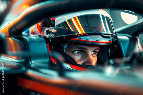 Race car driver sits inside their car, wearing a helmet and gazing out at the track