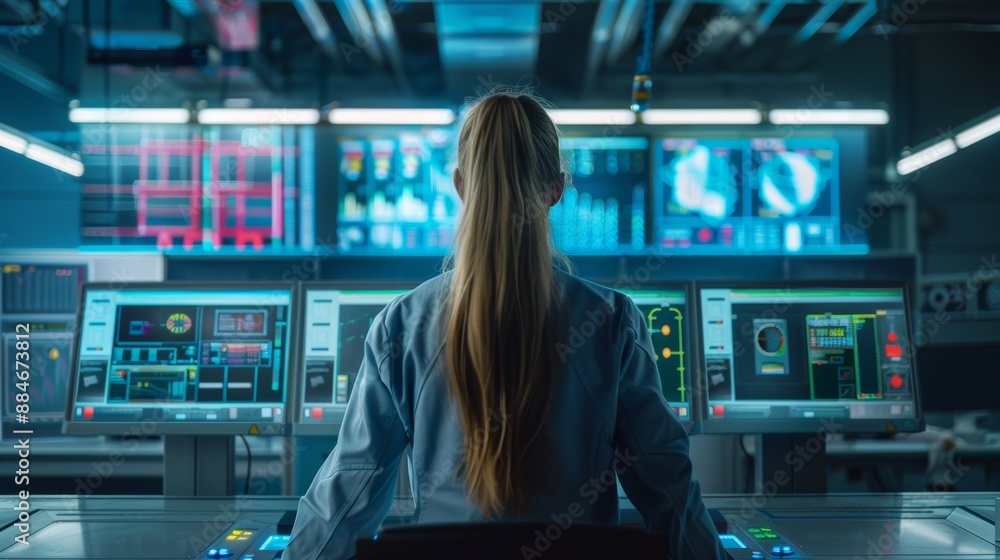 AI-powered industrial automation system. Female engineer inspects smart factory system in control room. Woman AI-powered industrial automation system. Female engineer inspects smart factory system in control room. Woman