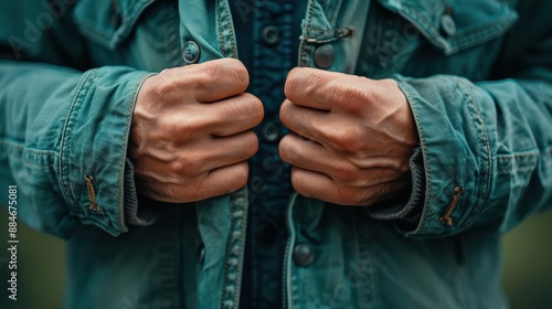 Close-up of a person's hands clasping their green jacket with a focused, determined gesture. Outdoor casual attire. Low-angle view.