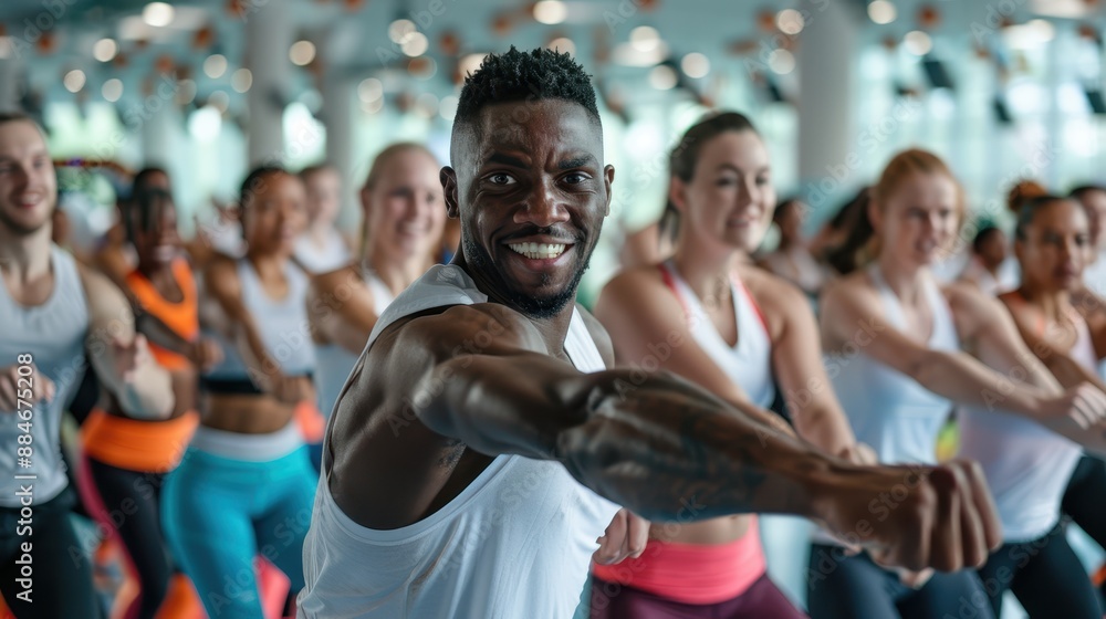 Energetic fitness class with a diverse group of people engaged in an intense workout session, smiling and enjoying the activity. Energetic fitness class with a diverse group of people engaged in an intense workout session, smiling and enjoying the activity.