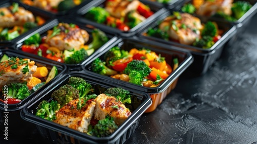 Healthy meal prep containers with grilled chicken, broccoli, and mixed vegetables on a dark table background ready for storage or consumption.