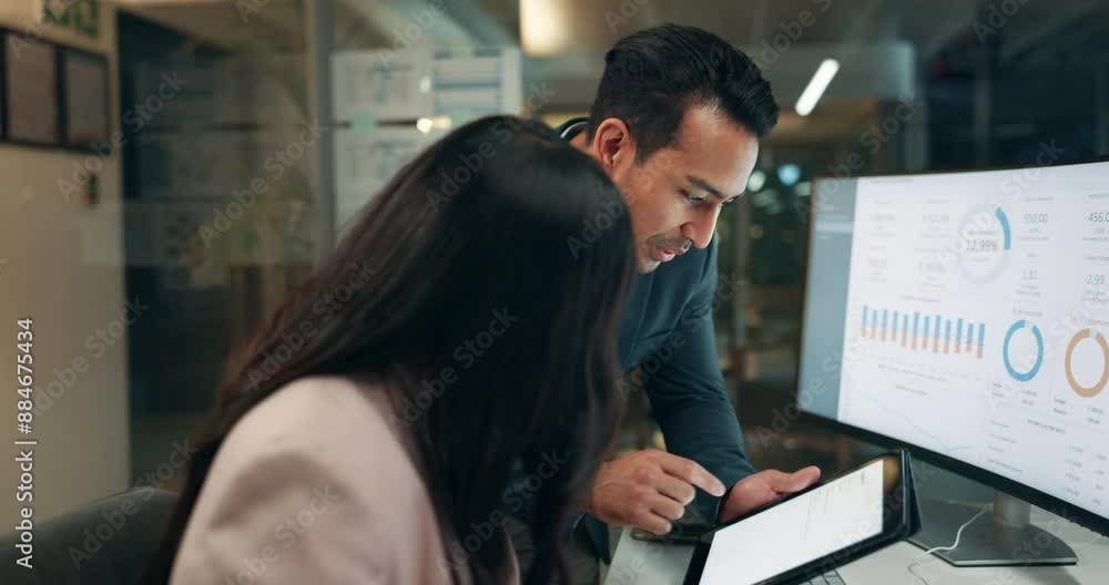 Teamwork, tablet and business people on computer with statistics for planning, collaboration and advice. Corporate, finance company and man and woman with research, graph and financial analysis