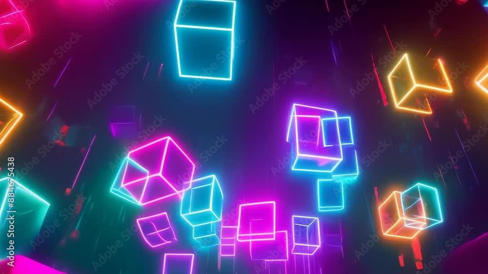 Floating neon cubes of varying sizes emit bright colors in a dark ...