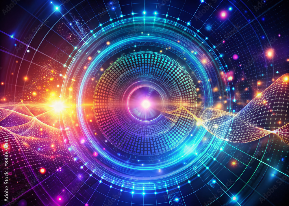 Obraz premium Vibrant futuristic digital backdrop featuring swirling gradient dots, lines, and grids, evoking AI, big data, and music HUD concepts in a mesmerizing sci-fi UI design.