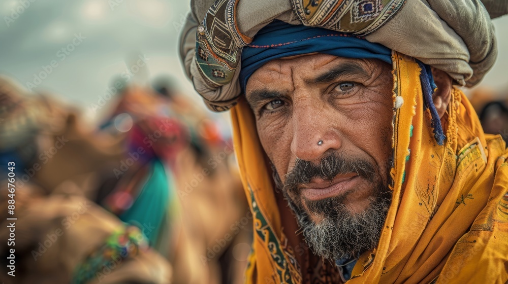 Obraz premium Photograph of a Berber man wearing traditional Tuareg clothing in a camel market.