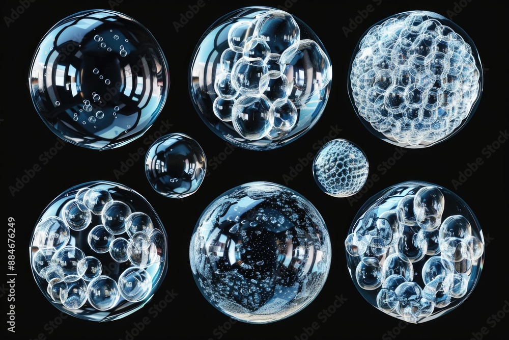A collection of transparent glass spheres arranged on a dark background, suitable for use in designs related to technology, science, and minimalism A collection of transparent glass spheres arranged on a dark background, suitable for use in designs related to technology, science, and minimalism