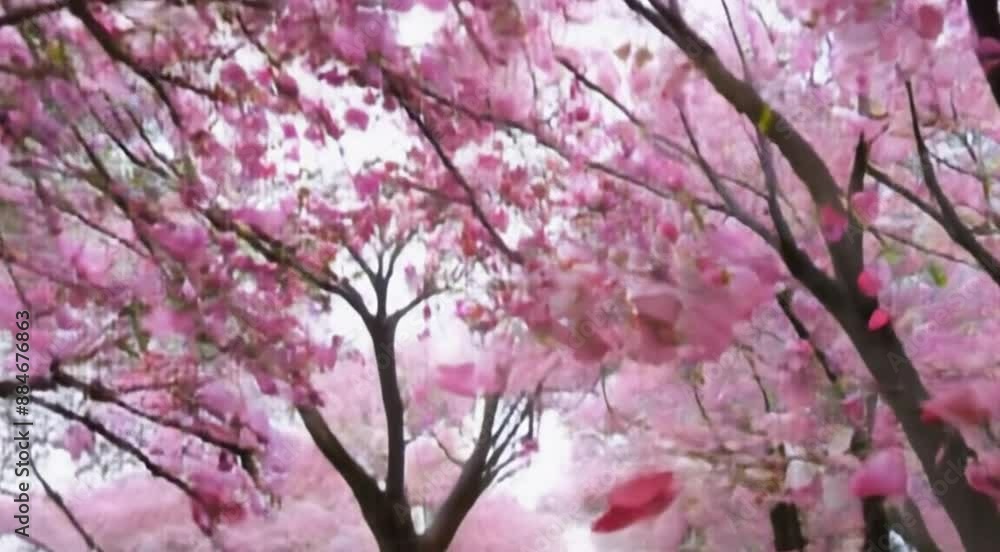 Soft pink sakura petals gently falling, creating a natural carpet under the trees Soft pink sakura petals gently falling, creating a natural carpet under the trees