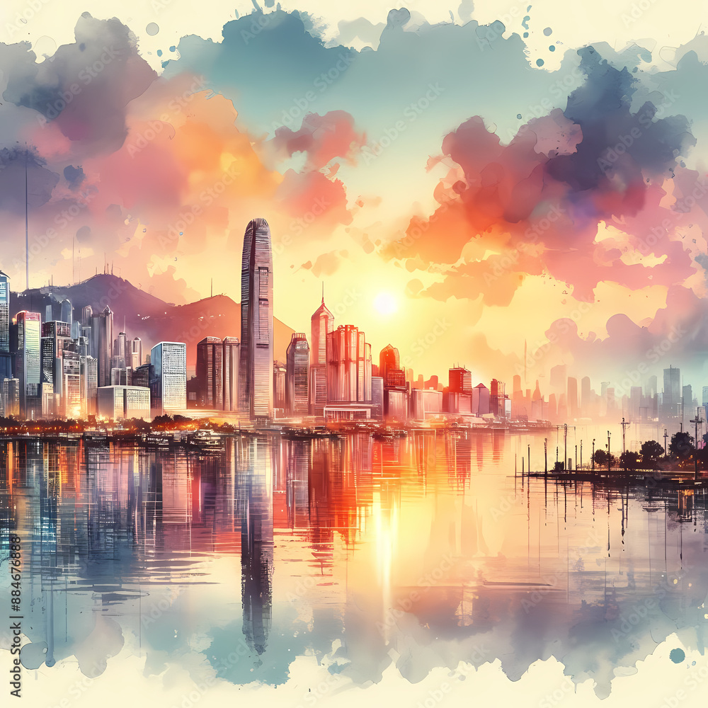 Fototapeta premium Watercolor cityscape at sunset, skyscrapers reflecting in river