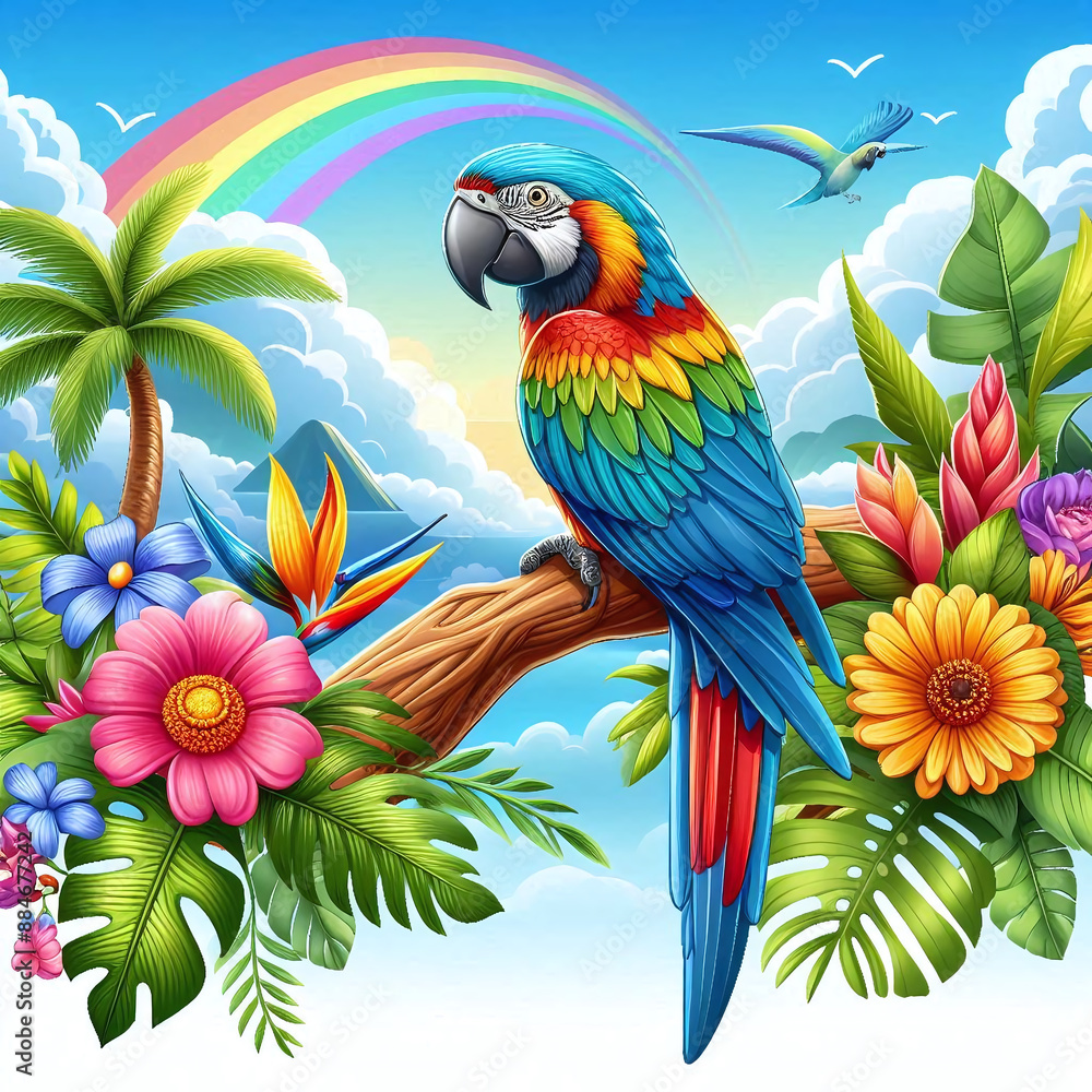 A colorful macaw perches on a branch amidst tropical flowers and foliage, with a rainbow in the background A colorful macaw perches on a branch amidst tropical flowers and foliage, with a rainbow in the background