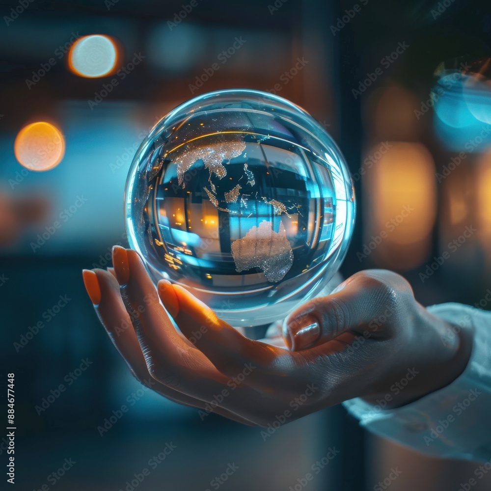 woman hand holding globe glass Scene with business person working futuristic office job woman hand holding globe glass Scene with business person working futuristic office job