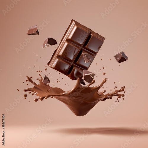 Chocolate bar and pieces suspended midair with liquid chocolate splash photo