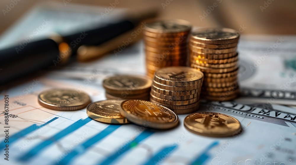 Economy and finance background with money coins , pen and stocks market graphs in blurry backdrop Economy and finance background with money coins , pen and stocks market graphs in blurry backdrop
