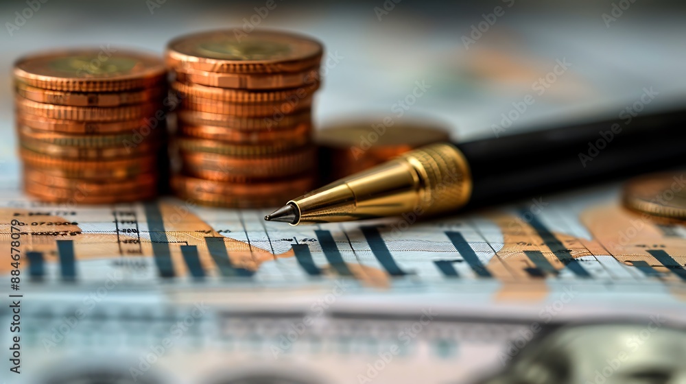 Fototapeta premium Economy and finance background with money coins , pen and stocks market graphs in blurry backdrop 