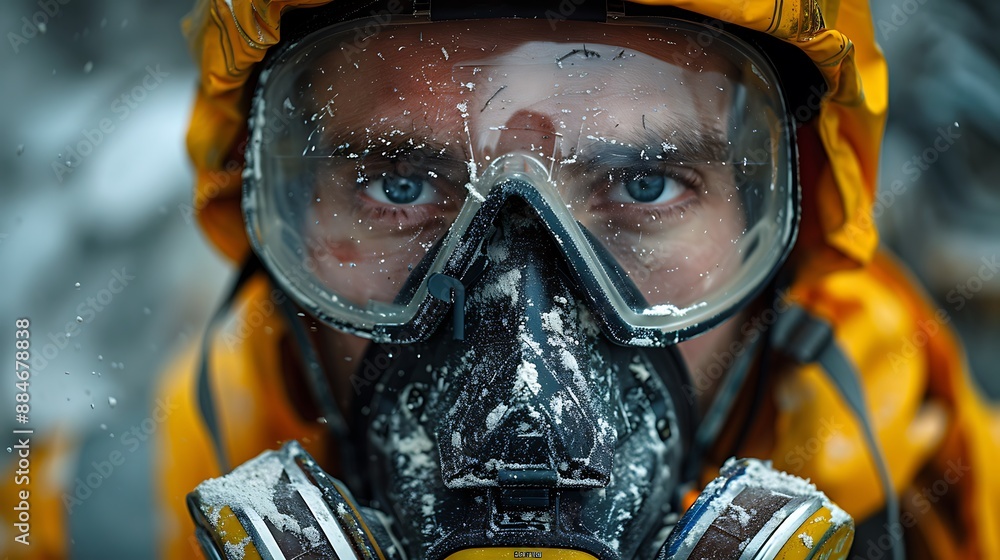 Professional construction worker wearing a high-grade dust mask, surrounded by lot of floating particles of glass wool dust in a construction site Professional construction worker wearing a high-grade dust mask, surrounded by lot of floating particles of glass wool dust in a construction site