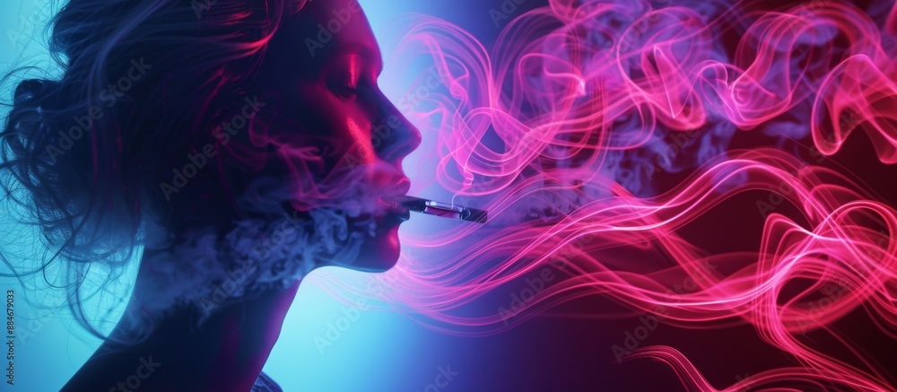Fototapeta premium A woman is smoking a cigarette and the smoke is pink
