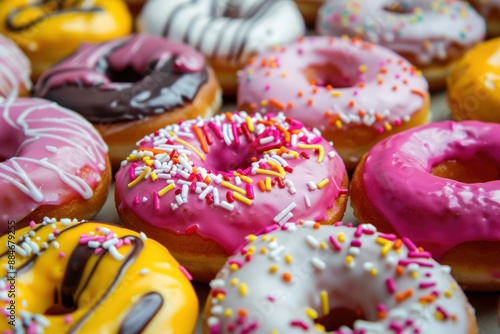 Closeup photography of an indulgent assortment of colorful glazed and frosted donuts with sprinkles, showcasing tempting pink, chocolate, and yellow swirls © anatolir