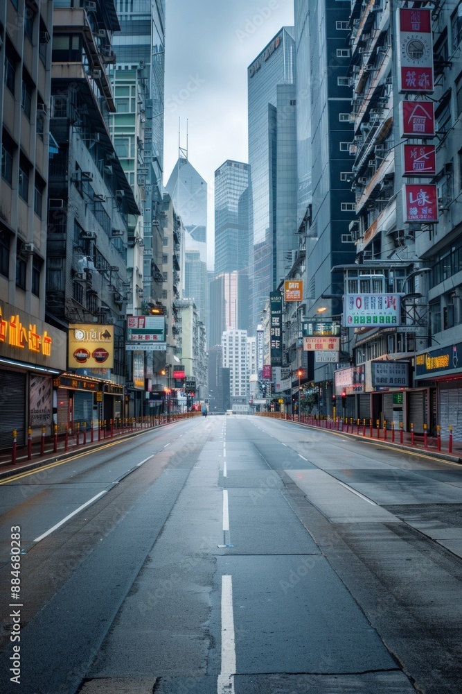An empty street in the center of the frame, surrounded by skyscraper buildings An empty street in the center of the frame, surrounded by skyscraper buildings