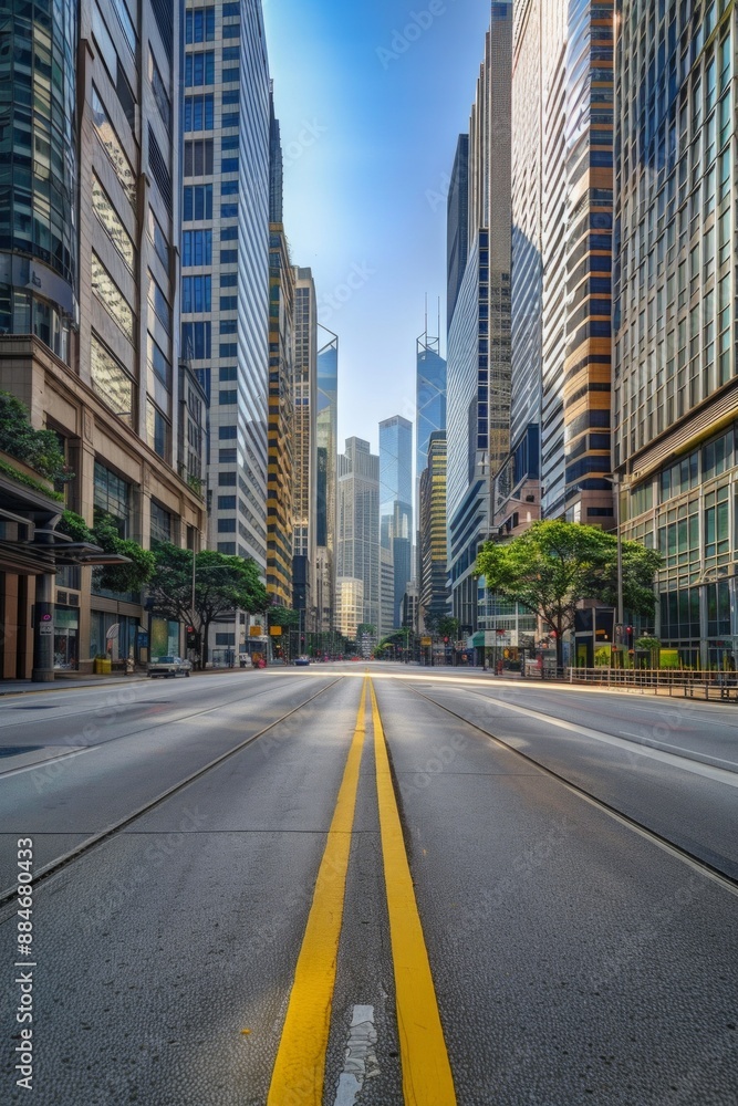 An empty street in the center of the frame, surrounded by skyscraper buildings An empty street in the center of the frame, surrounded by skyscraper buildings