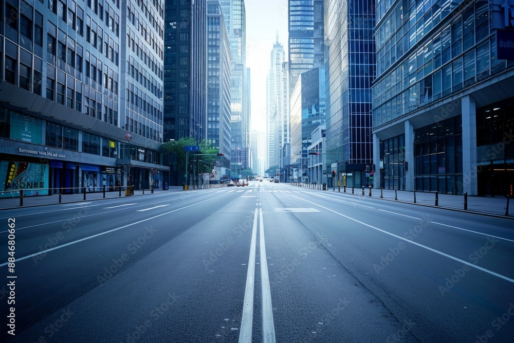 An empty street in the center of the frame, surrounded by skyscraper buildings An empty street in the center of the frame, surrounded by skyscraper buildings