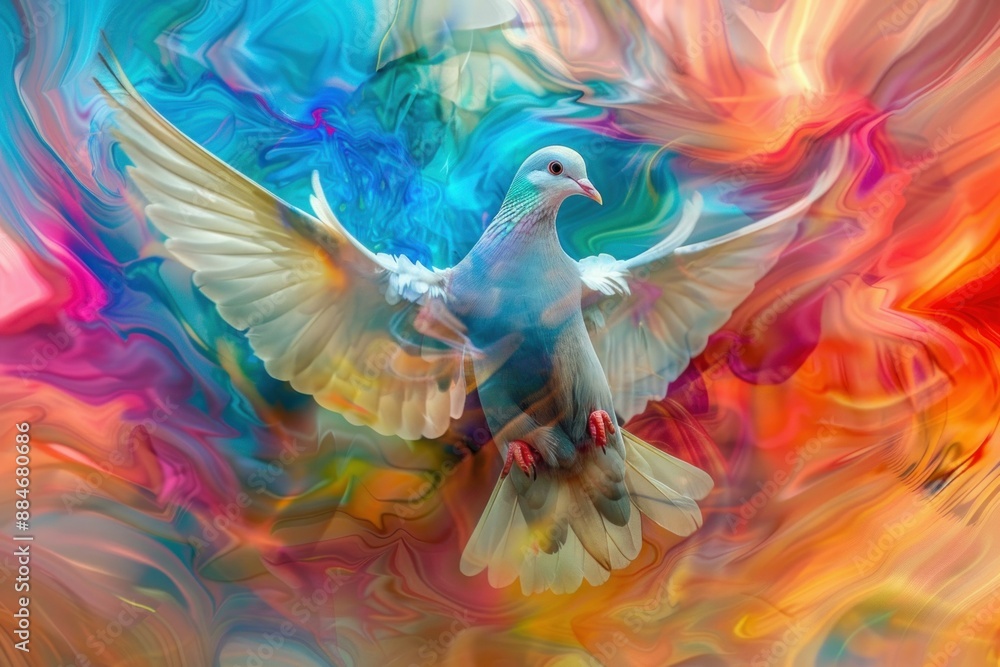Abstract image of a dove in flight with a multihued, swirling backdrop Abstract image of a dove in flight with a multihued, swirling backdrop