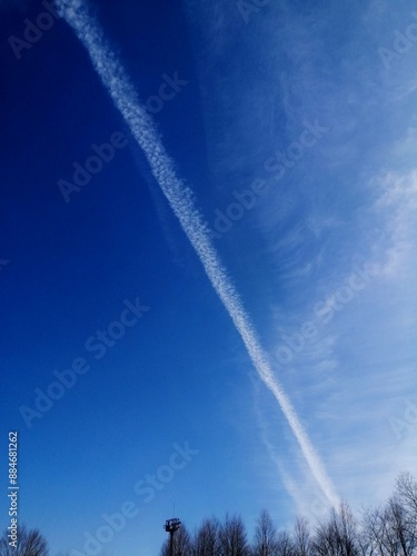 印象的な空　飛行機雲と青空と冬の樹木