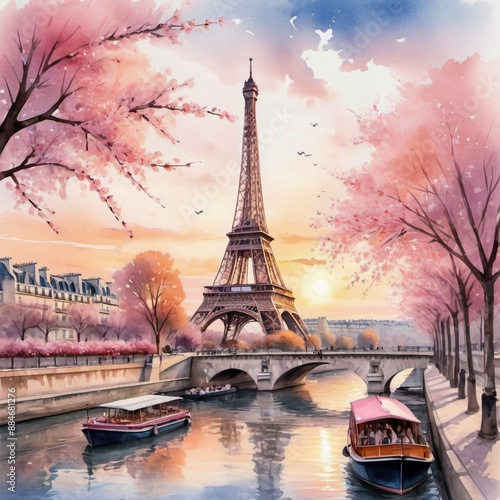 Watercolor illustration The Eiffel Tower, located in Paris, France, is one of the most recognizable and visited landmarks in the world, it is an iconic symbol of Paris and French engineering prowess.