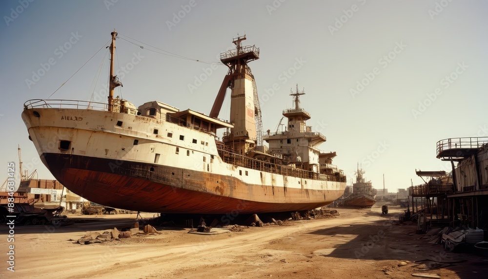 Fototapeta premium Rusty Ship on a Shipyard in the Sun.