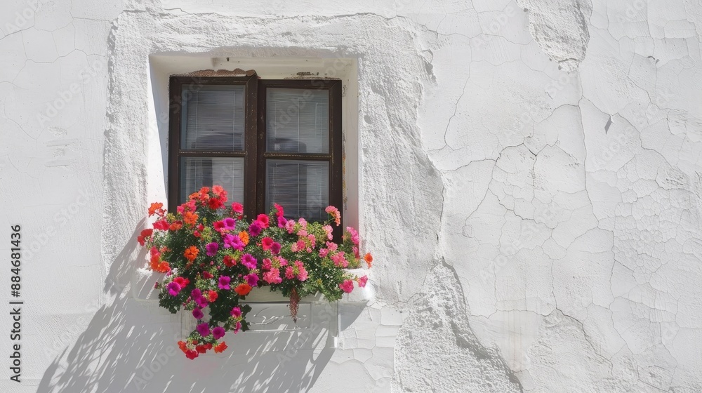 Window with floral arrangement on white building Window with floral arrangement on white building