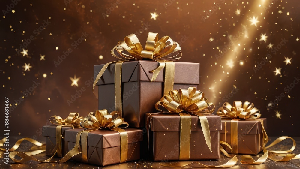 Luxurious Gift Boxes with Golden Ribbon and Bokeh Lights. Luxurious Gift Boxes with Golden Ribbon and Bokeh Lights.