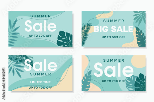 Trendy abstract summer templates with tropical leaves for sale, banner design and online advertising.