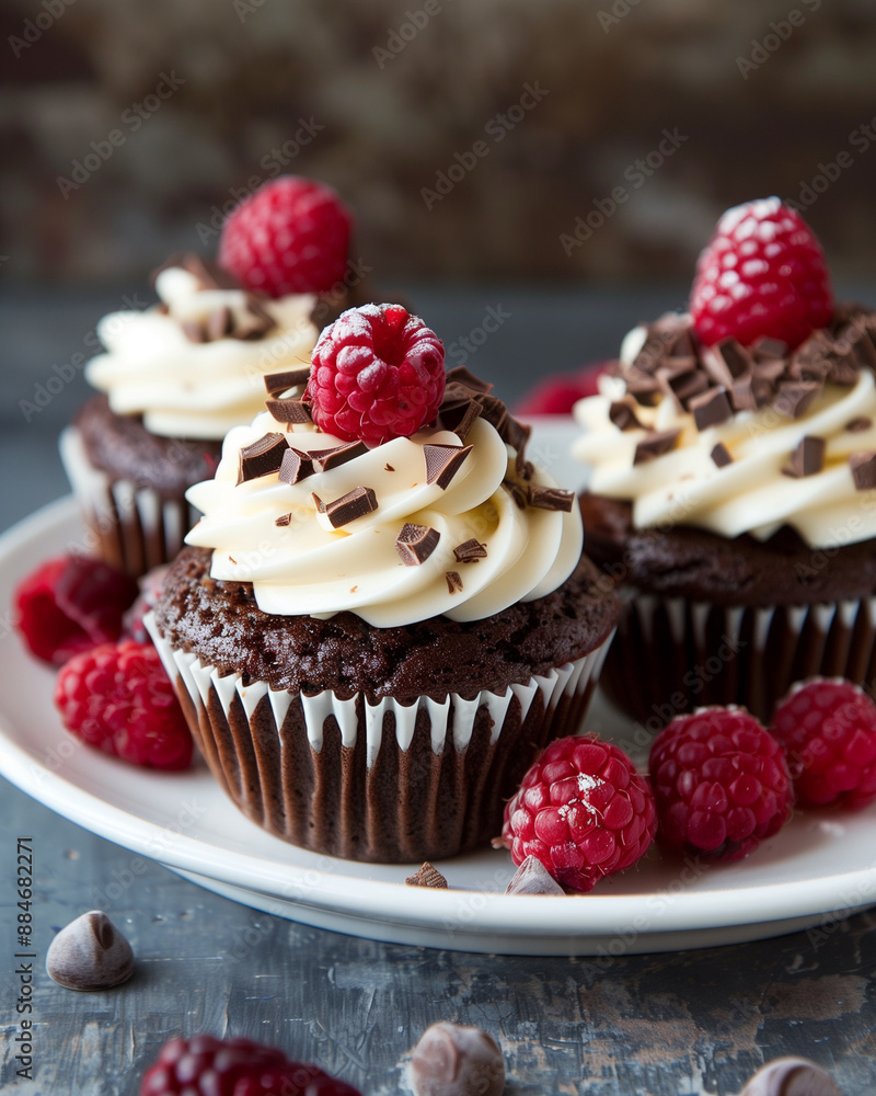 A close-up of a decadent CHOCOLATE RASPBERRY CUPCAKES A close-up of a decadent CHOCOLATE RASPBERRY CUPCAKES