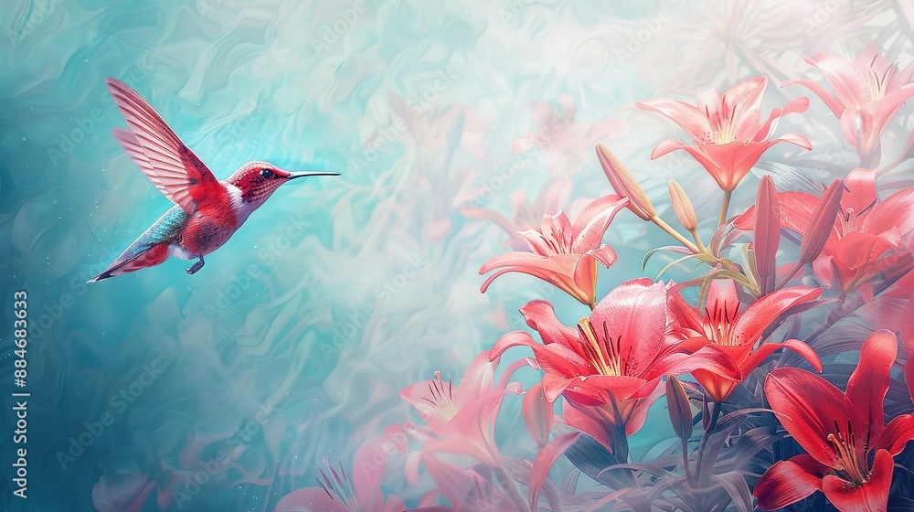 Fototapeta premium Hummingbird Hovering Beside Lilies: Panoramic Perspective