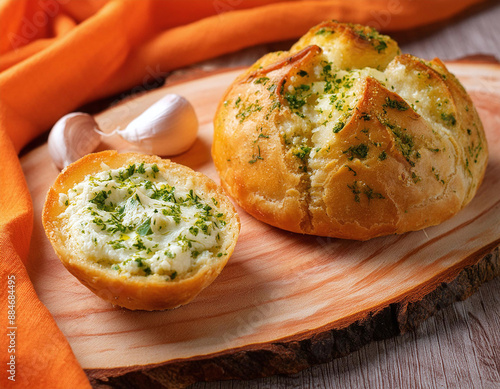 Wallpaper Mural Round loaf of garlic bread sliced open to reveal melted cheese filling Torontodigital.ca