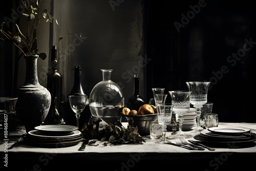 Monochrome Majesty: An Artistic Rendering of a Fine Dining Table Setup in Black and White photo