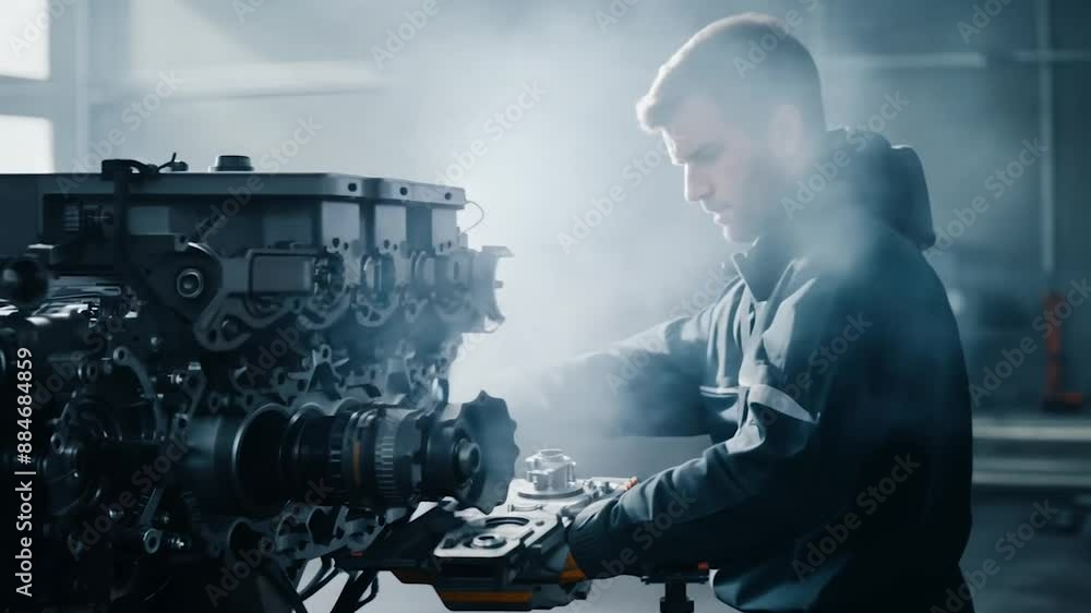 Mechanic Working on Car Engine in Garage. Mechanic Working on Car Engine in Garage.