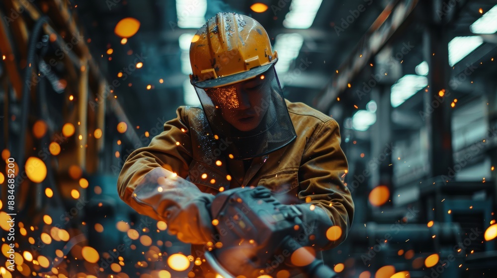 Worker doing manual labor in heavy industry with cutting machine background Asian man wearing a mask with his hands cutting industrial Worker doing manual labor in heavy industry with cutting machine background Asian man wearing a mask with his hands cutting industrial