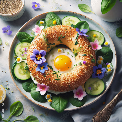 An open-faced bagel sandwich, adorned with an egg, flowers, spinach, and tomato, on a vibrant blue plate photo