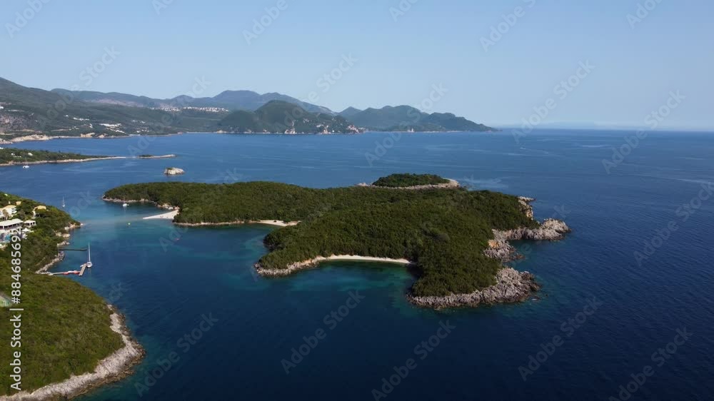 Aerial Revealing Shot of Mourtemeno Island in Syvota, Greece Aerial Revealing Shot of Mourtemeno Island in Syvota, Greece