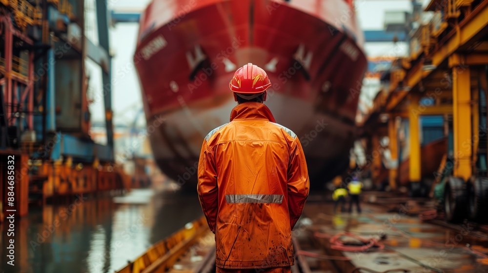 Obraz premium Worker in Protective Gear Facing an Enormous Ship Hull During Repair Operations in a Crowded Industrial Dockyard