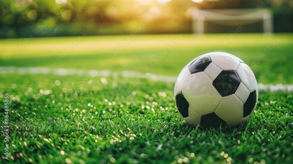 Close up view of soccer ball on green field with blurred background, sports concept Close up view of soccer ball on green field with blurred background, sports concept
