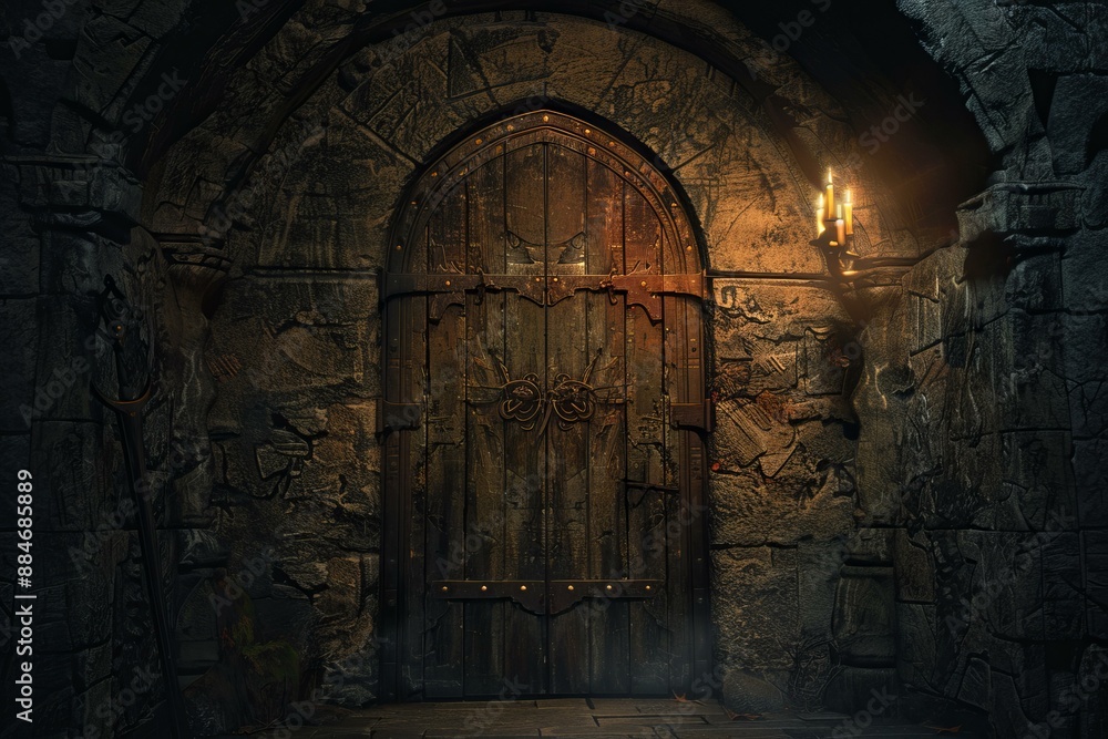 Exploring the mysterious medieval castle doorway with ancient stone architecture and eerie torchlit ambiance Exploring the mysterious medieval castle doorway with ancient stone architecture and eerie torchlit ambiance