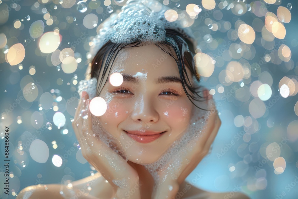 Happy Asian woman with glowing natural skin washing her hair, immersed in bubbles and soap foam, with a bokeh background Ideal for shampoo skincare ads Happy Asian woman with glowing natural skin washing her hair, immersed in bubbles and soap foam, with a bokeh background Ideal for shampoo skincare ads