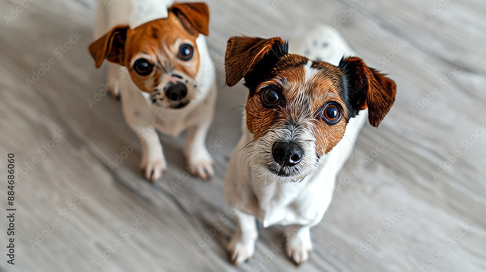 Cat and dog with focused gaze looking directly at the camera against a simple white background Cat and dog with focused gaze looking directly at the camera against a simple white background