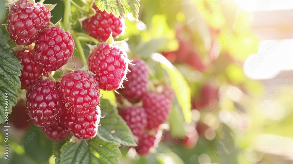 Close up of ripe raspberries on plant with blurred background in detailed macro shot Close up of ripe raspberries on plant with blurred background in detailed macro shot